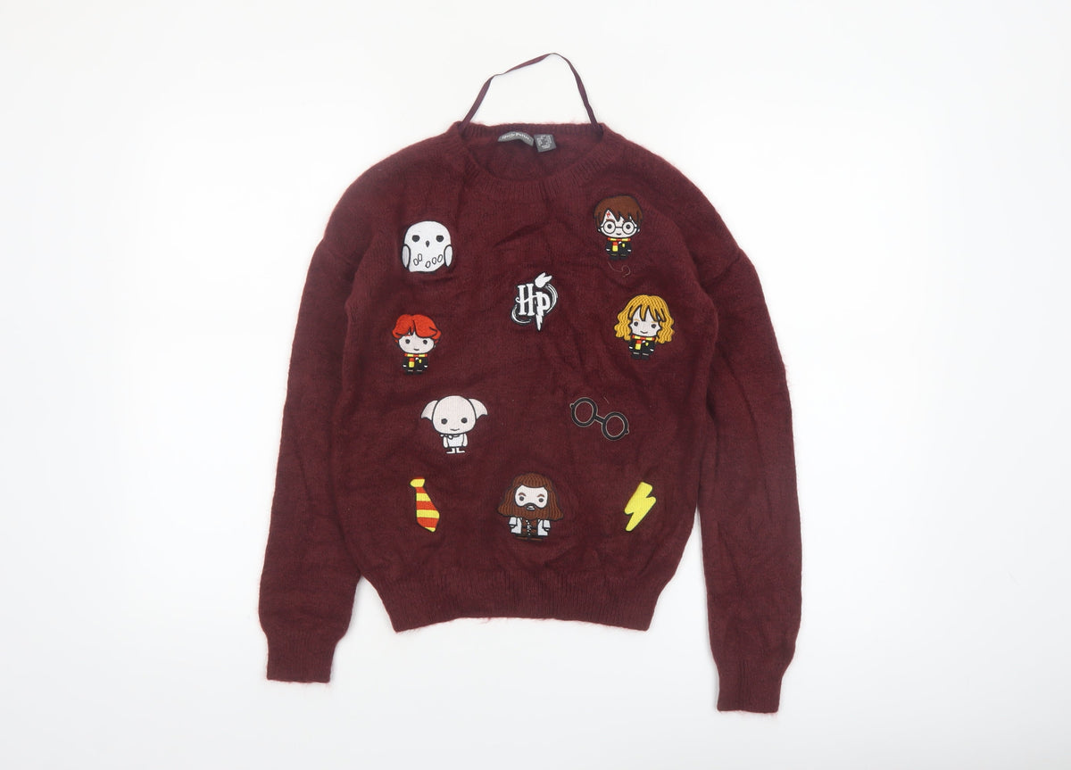 Front view of Harry Potter Women’s Red Crew Neck jumper 2XS Knit Long Sleeve