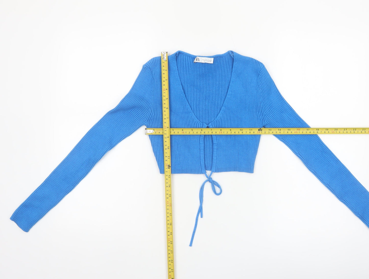 ZARA Women’s Blue V-Neck Long Sleeve Ribbed Tie Cardigan Size 8