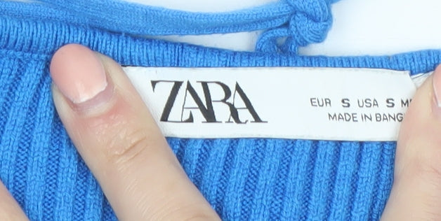 ZARA Women’s Blue V-Neck Long Sleeve Ribbed Tie Cardigan Size 8