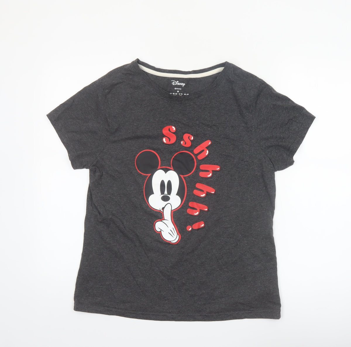 Front view of Disney women’s grey mickey mouse graphic t-shirt, size M, 12-14
