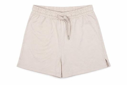 Front view of ICHI Women's Beige Cotton Blend Casual Drawstring Shorts, size S