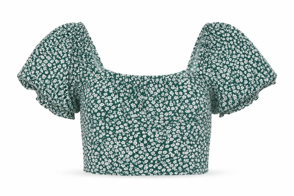 H&M Women Green Floral Cropped Puff Sleeve Blouse UK 10