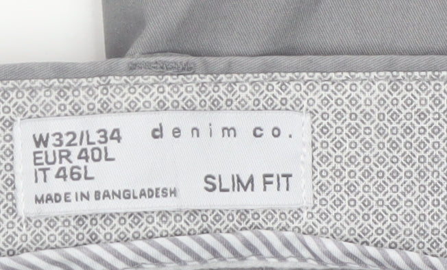 Denim Co. Men's Grey Slim Fit Chino Trousers W32 L34