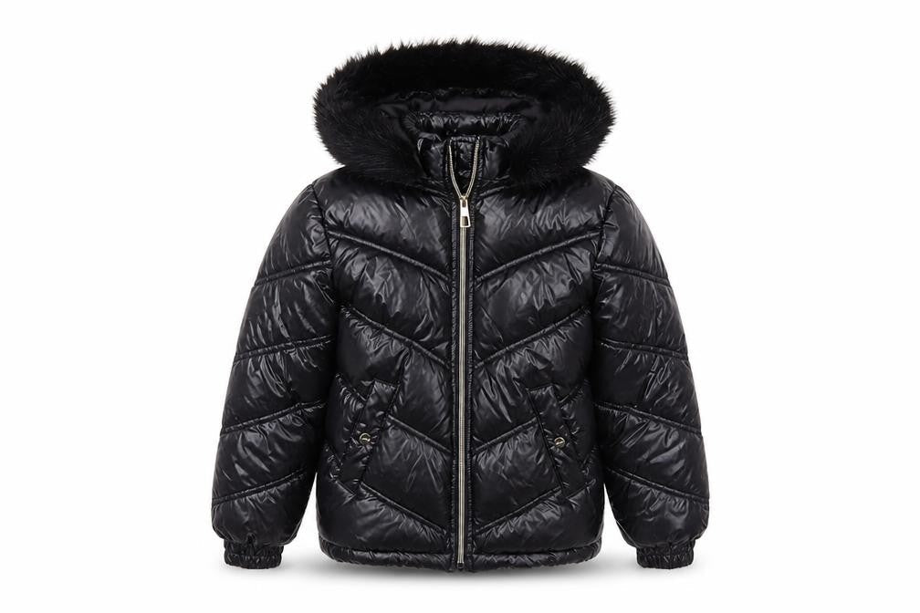Front view of Lipsy London boys’ black hooded puffer jacket 10 years faux fur trim winter coat