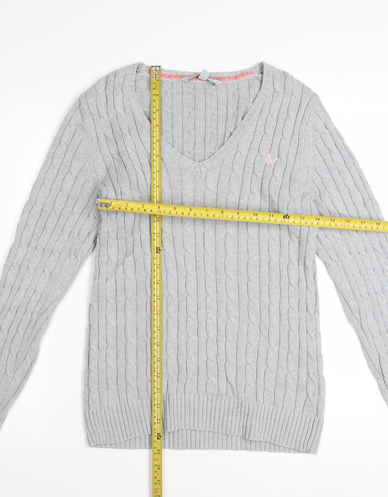 Crew Clothing Co. Women's Grey Cotton Cable Knit V-Neck Jumper Size 16