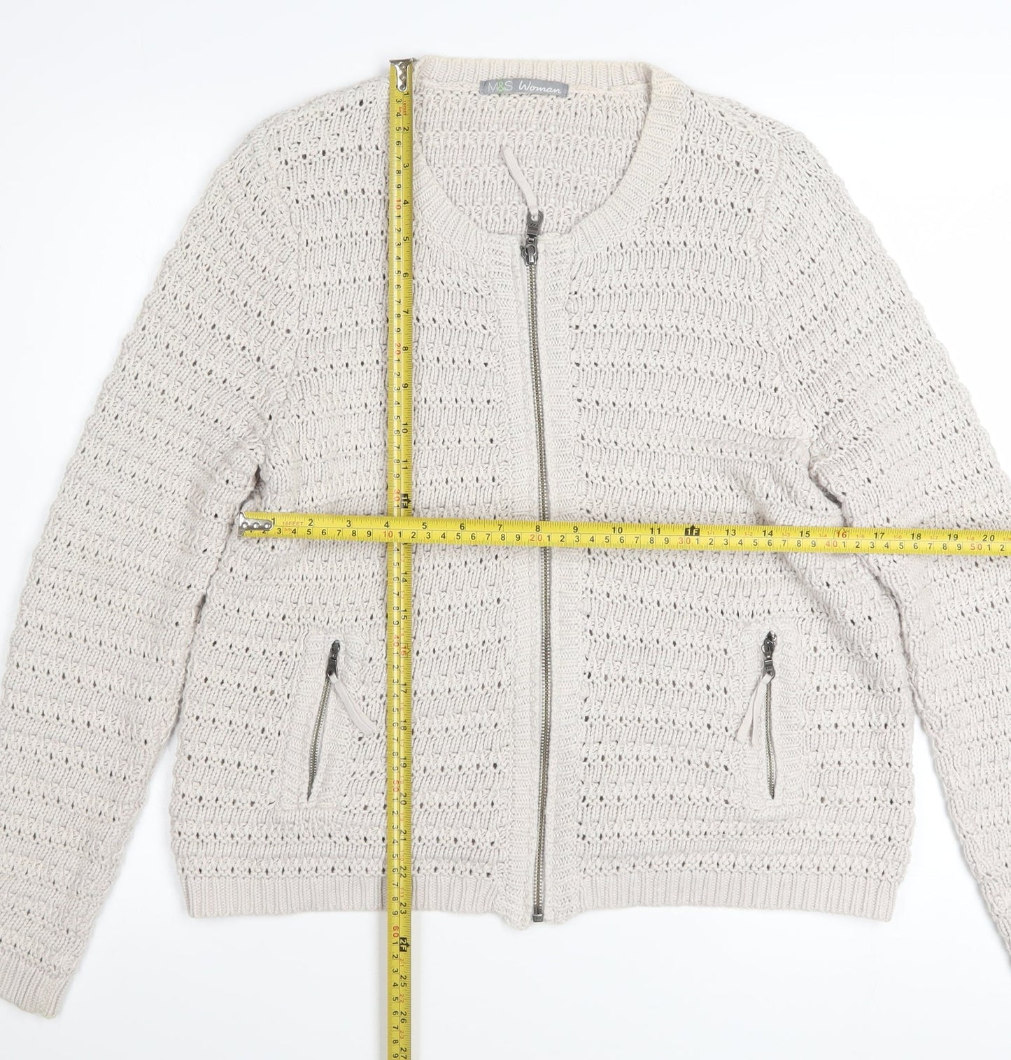 Marks and Spencer Women Beige Full Zip Knit Cotton Jumper UK 14