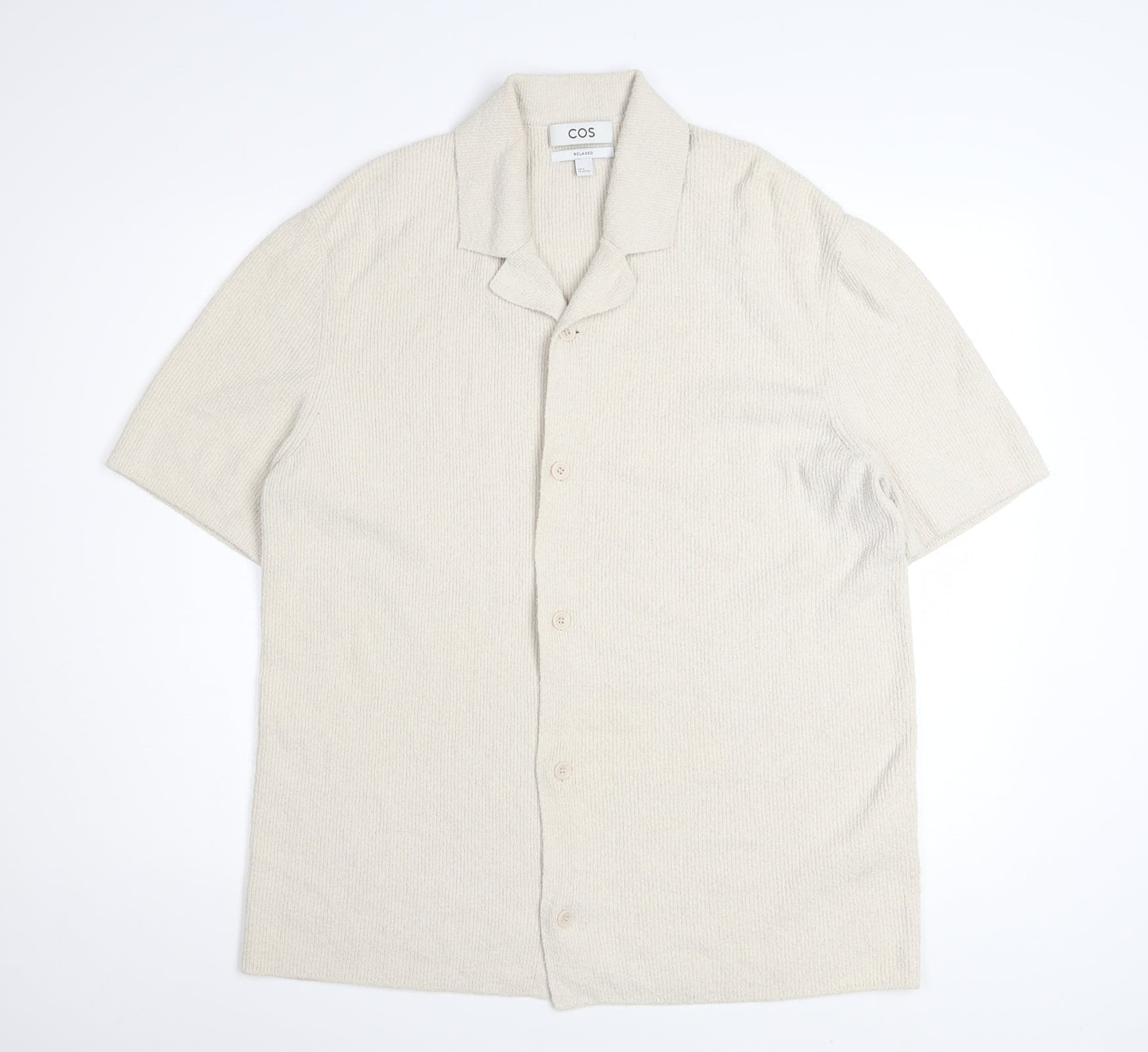 COS Men’s Beige Relaxed Fit Cotton Knit Short Sleeve Button-Up Shirt Size M