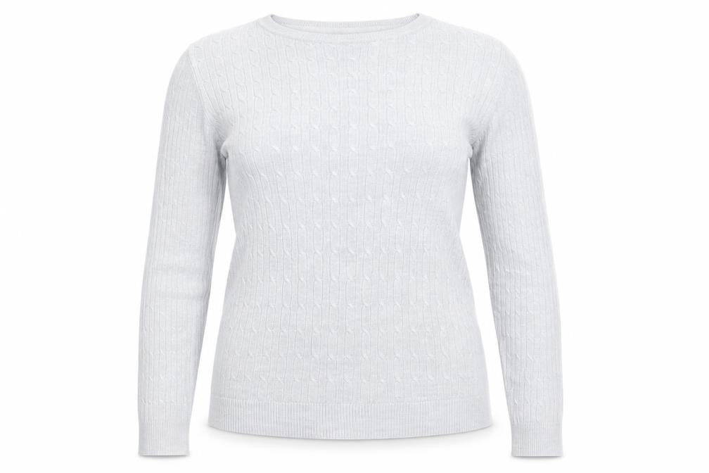 Front view of Maine New England Women’s Grey Cable-Knit Acrylic Jumper, size UK 12