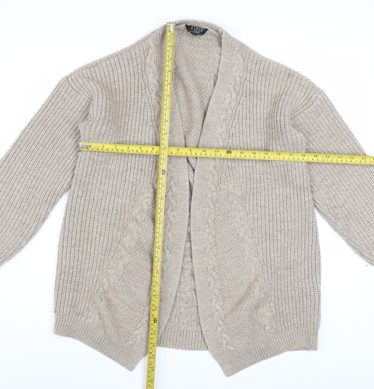 Lipsy Women Beige Cable Knit Long Sleeve Open Cardigan Size 18