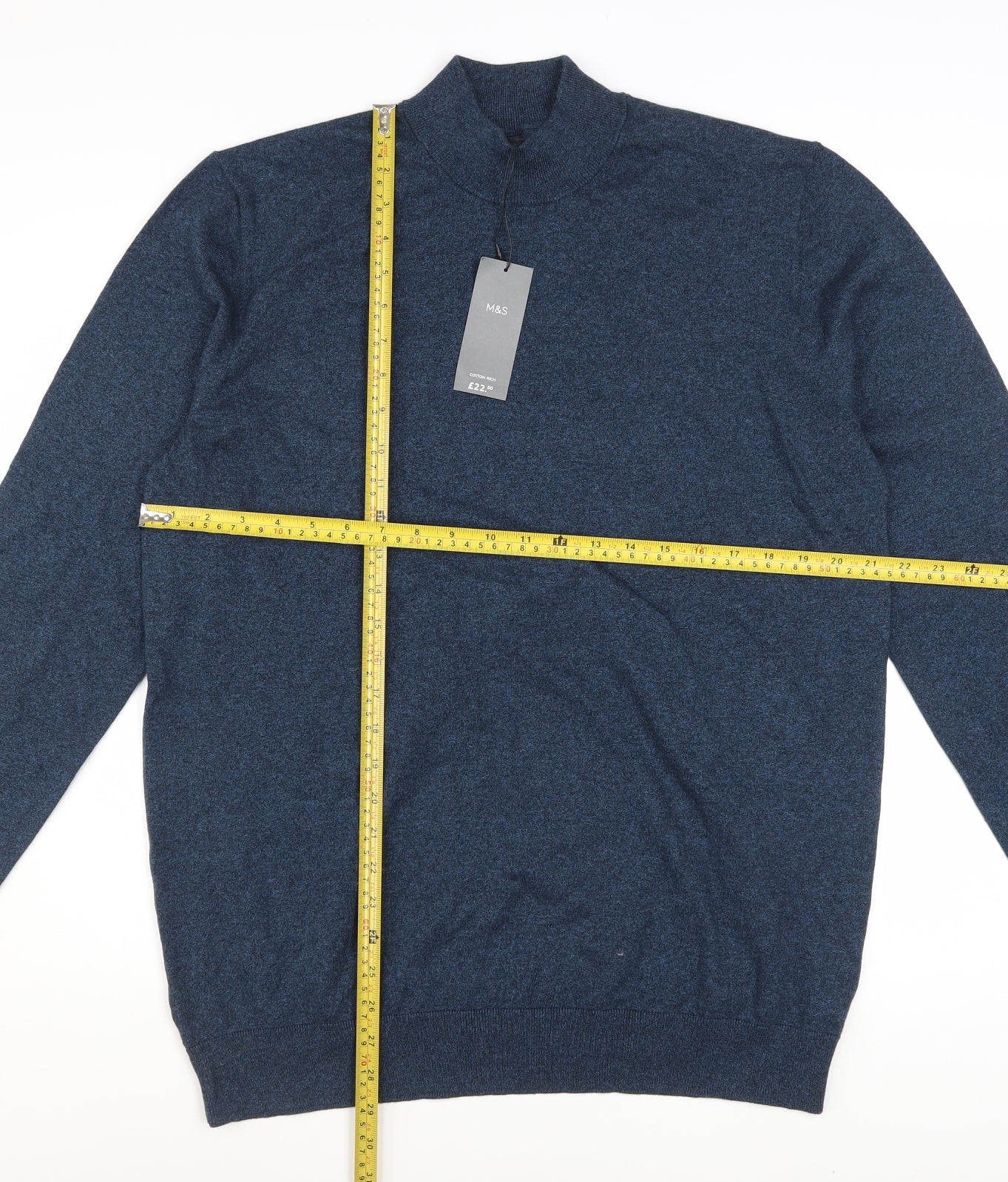 Marks and Spencer Men’s Blue L 1/4 Zip Mock Neck Cotton Jumper
