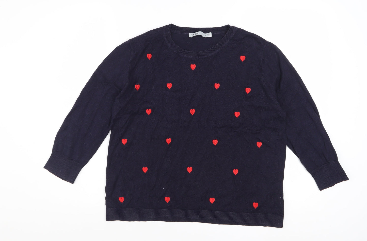 Oasis Women Blue Cotton Blend Heart Pullover Jumper L