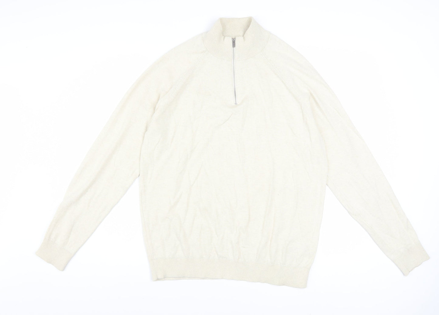 Marks and Spencer Men's Beige M 1/2 Zip High Neck Cotton Jumper