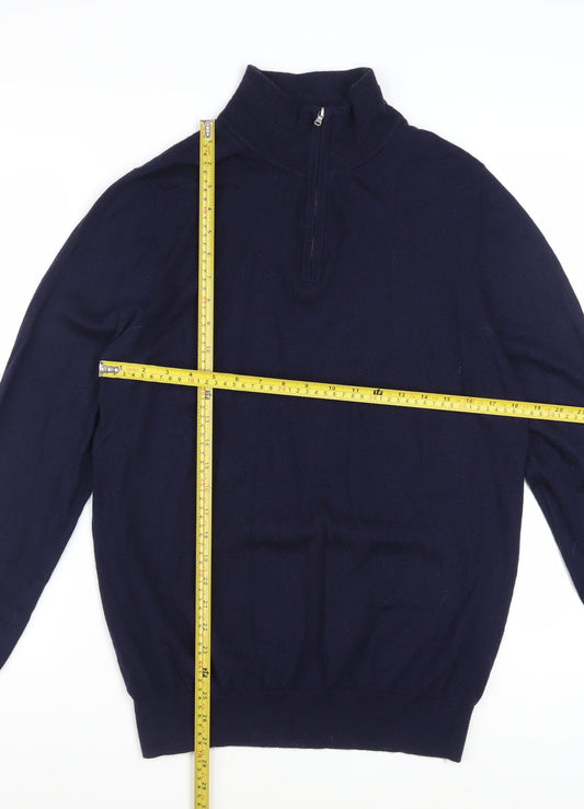 John Lewis & Partners Men's Blue Merino Wool 1/4 Zip Jumper L
