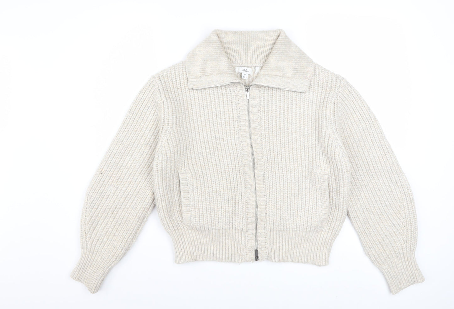 Marks and Spencer Women Beige XS Collared Full Zip Wool Blend Jumper