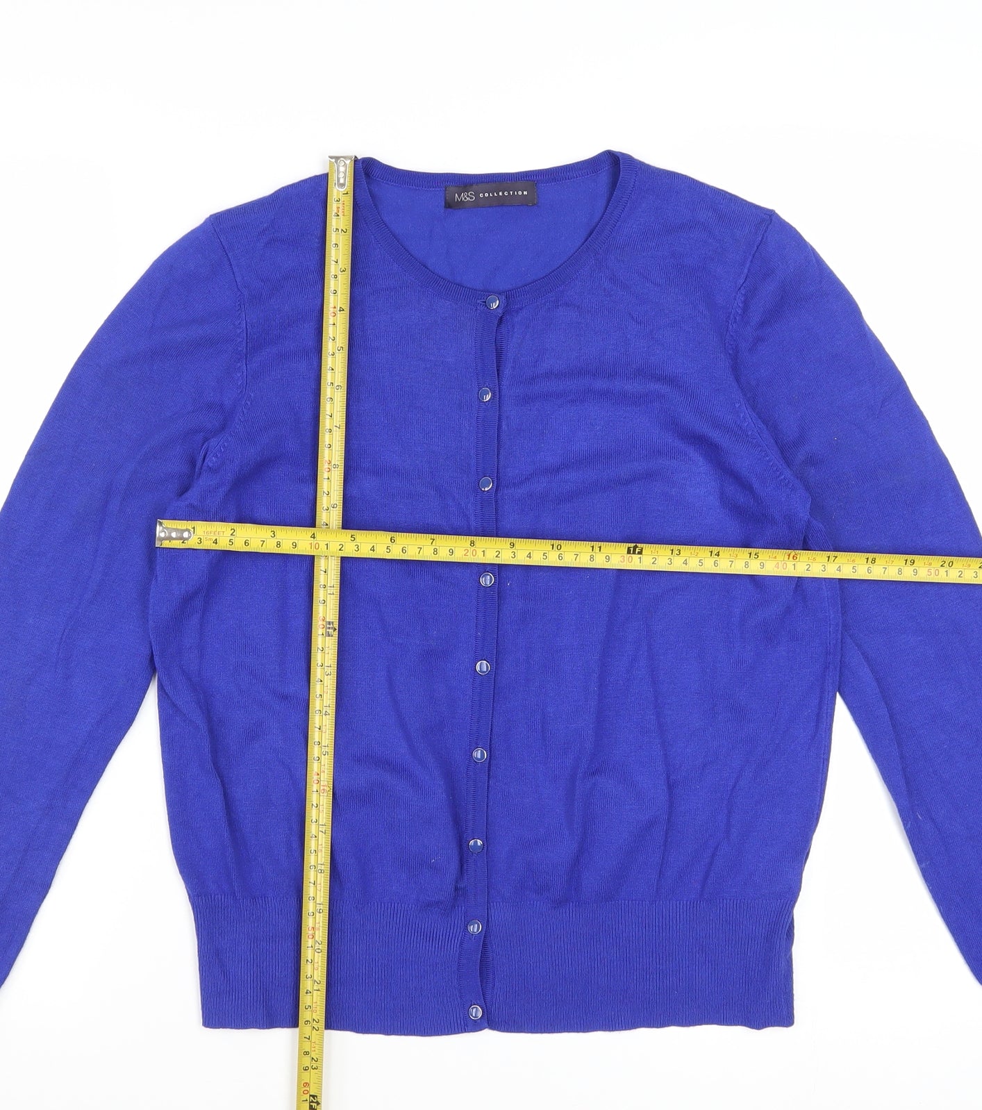 Marks and Spencer Women's Blue Cardigan Size 14 Knit Crew Neck