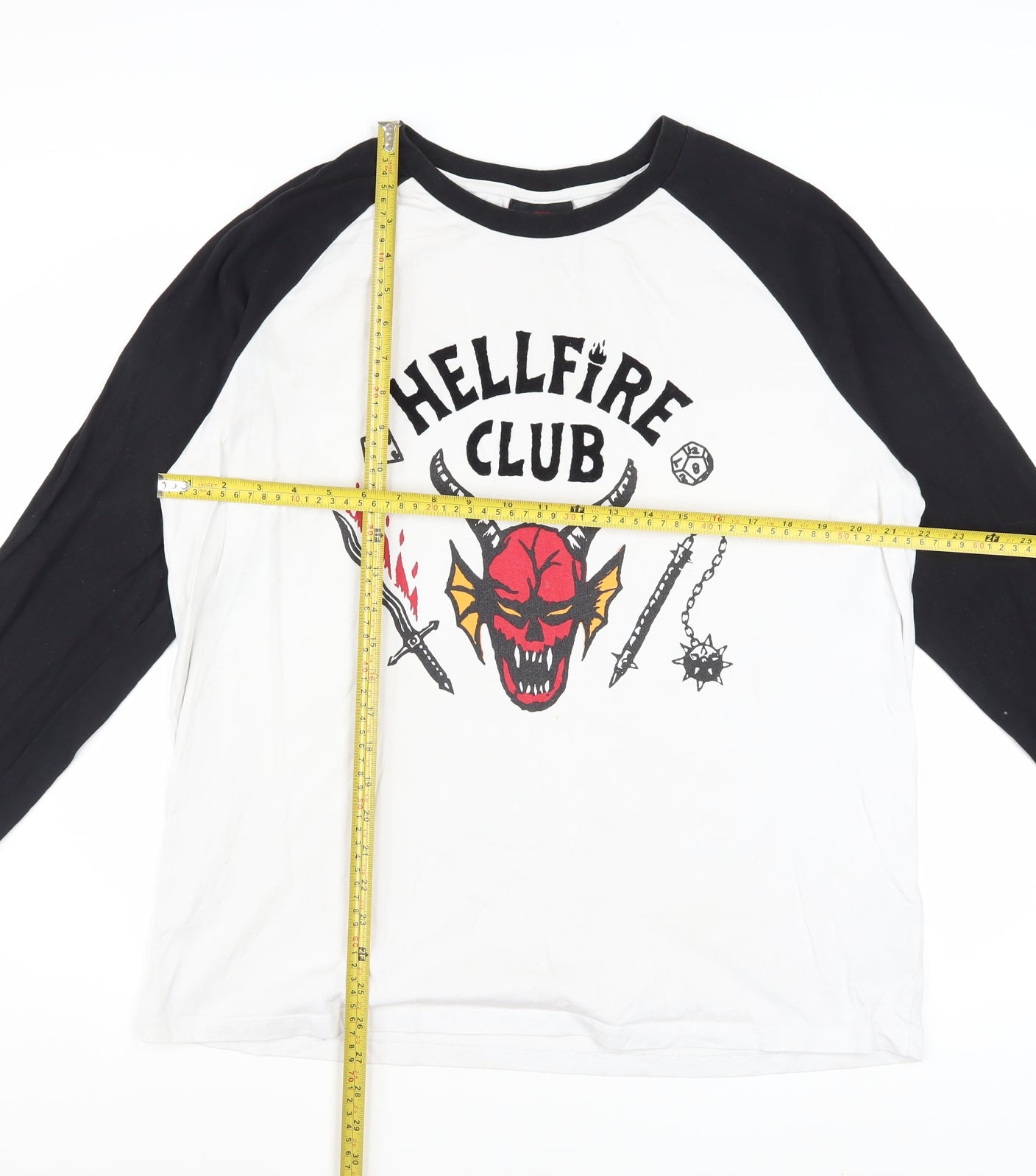 Stranger Things Hellfire Club Black & White Long Sleeve Men's L Cotton T-Shirt