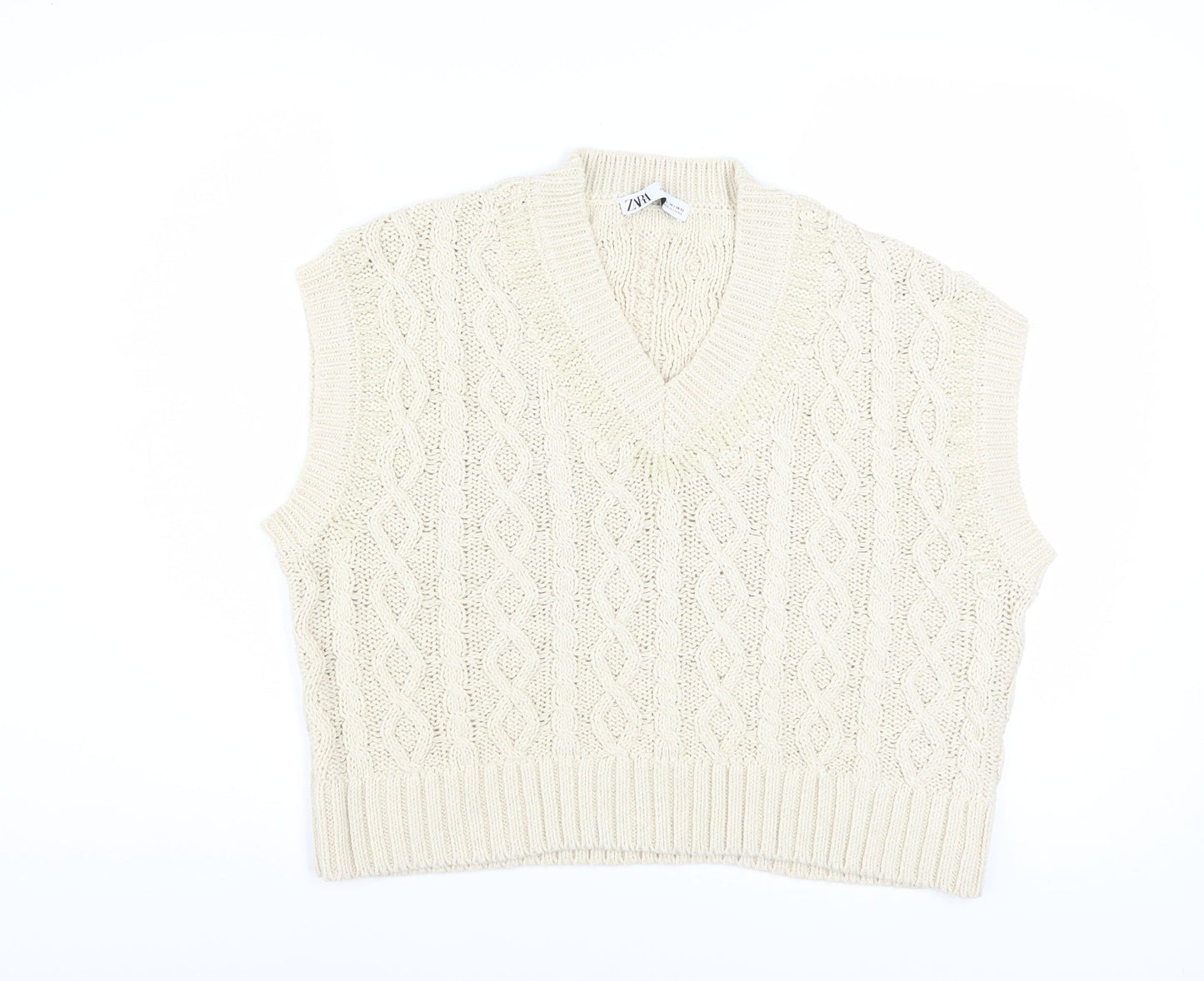 Zara Women Beige Cable-Knit V-Neck Vest Jumper L