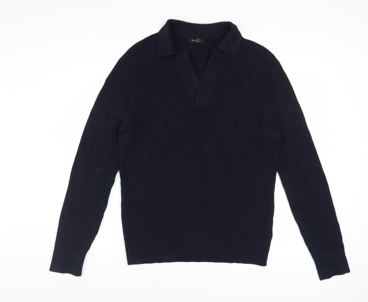 Massimo Dutti Men's Blue Cotton Collared Ribbed Jumper Size M