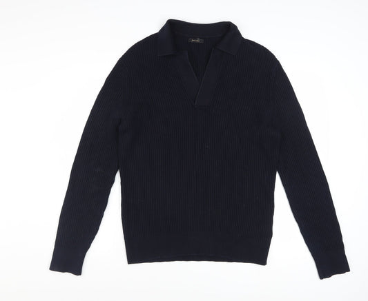Massimo Dutti Men's Blue Cotton Collared Ribbed Jumper Size M