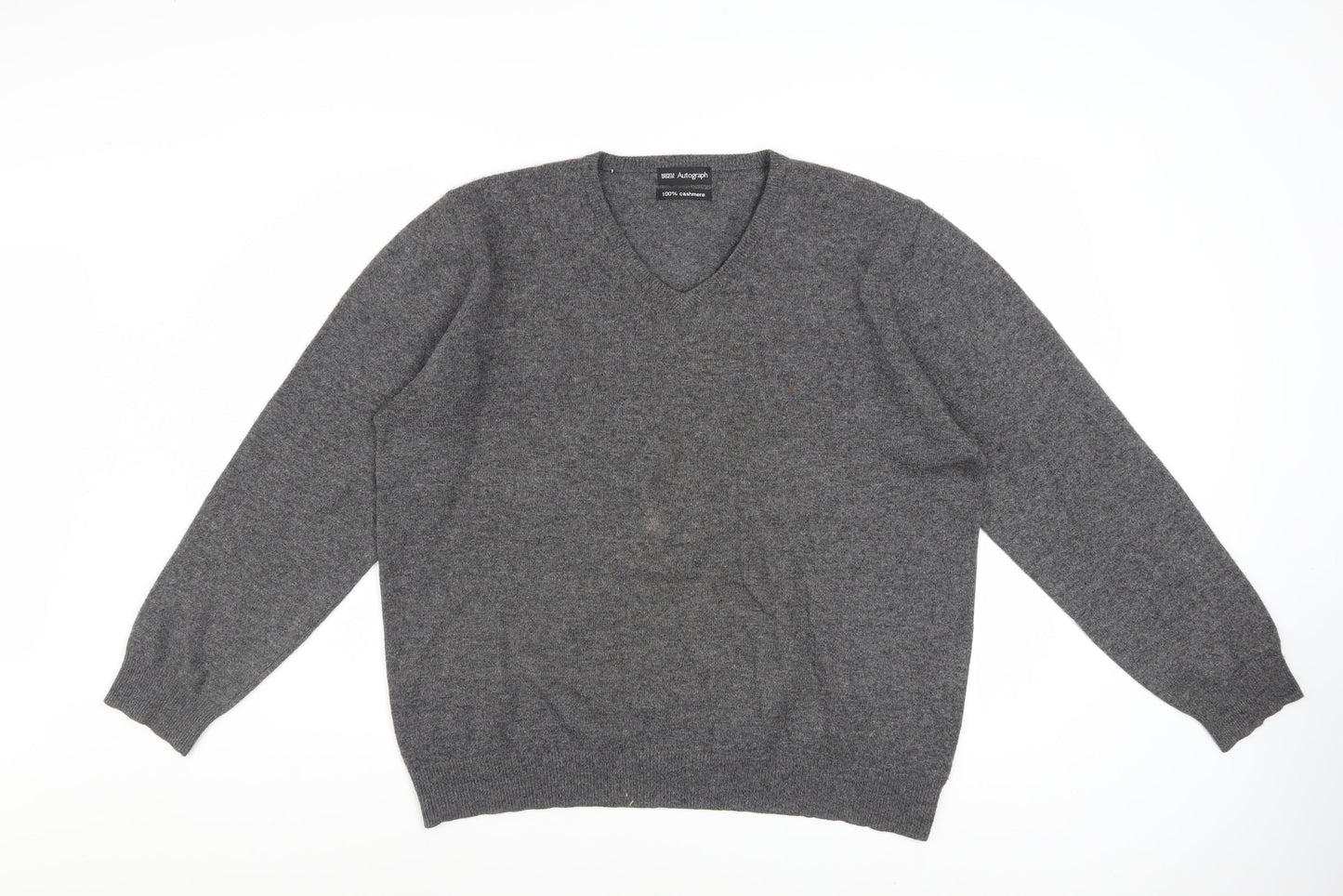 Marks and Spencer Mens Grey Cashmere V-Neck Jumper Size L