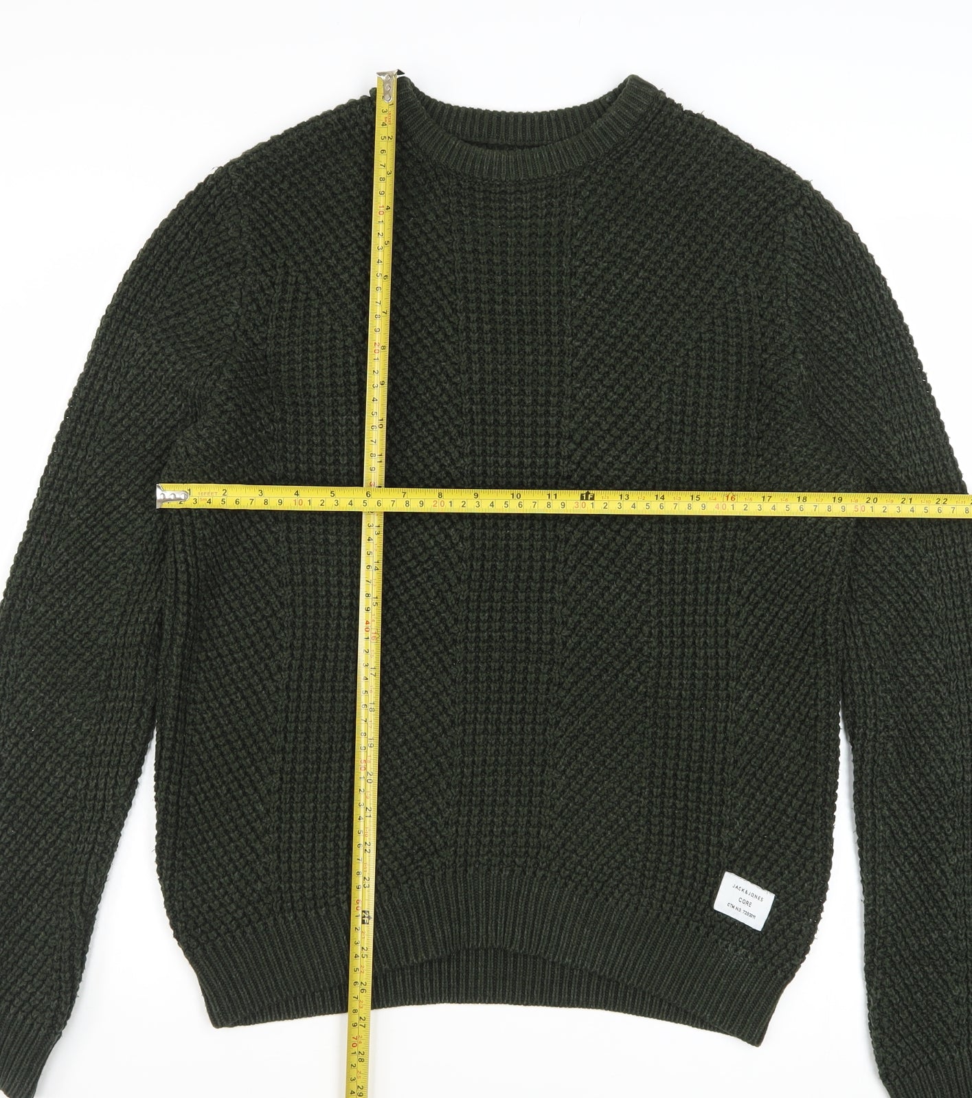 Jack & Jones Men's Green Chunky-Knit Cotton Acrylic Crew Neck Jumper M