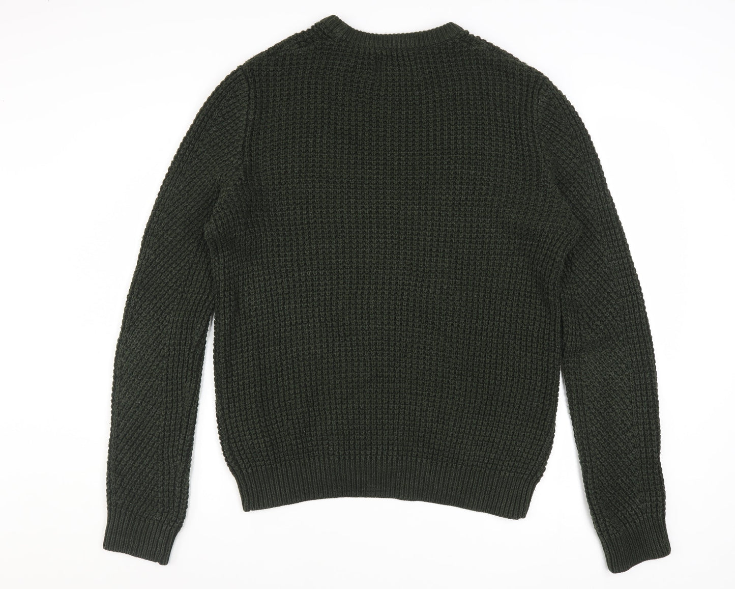 Jack & Jones Men's Green Chunky-Knit Cotton Acrylic Crew Neck Jumper M