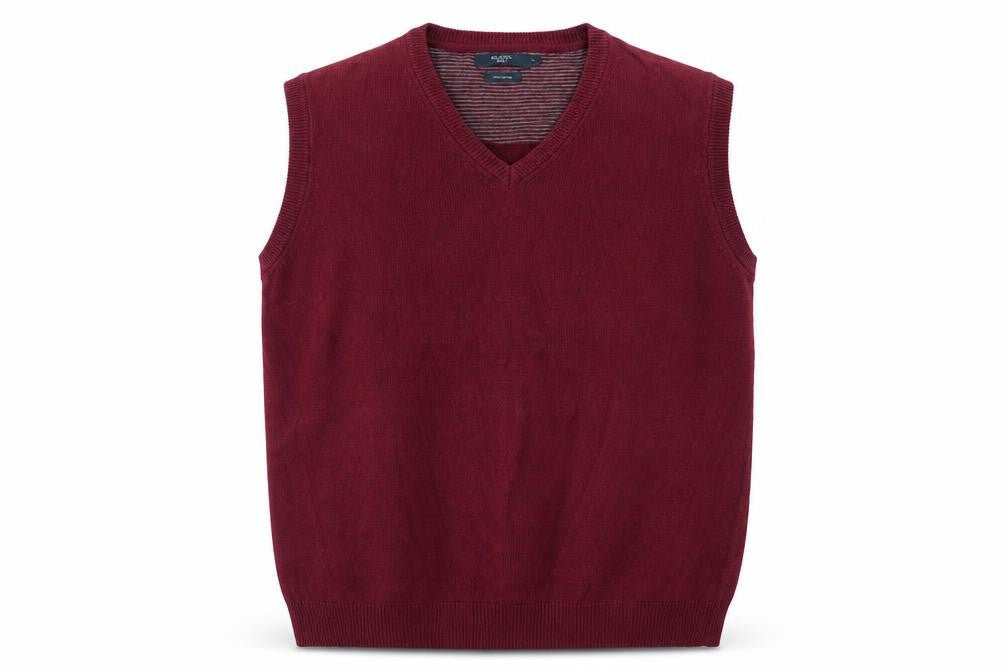Front view of Atlantic Bay Men's Red Cotton V-Neck Sleeveless Jumper Vest L