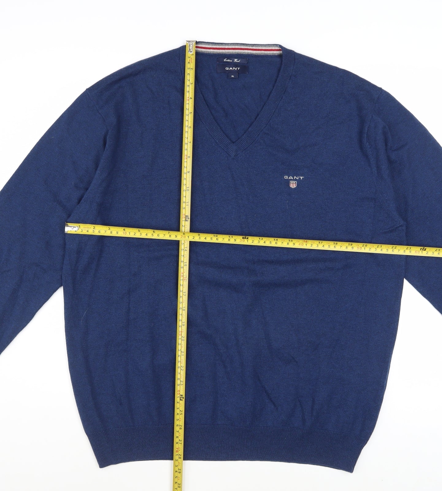 Gant Men's Blue V-Neck Cotton Wool Pullover Jumper XL
