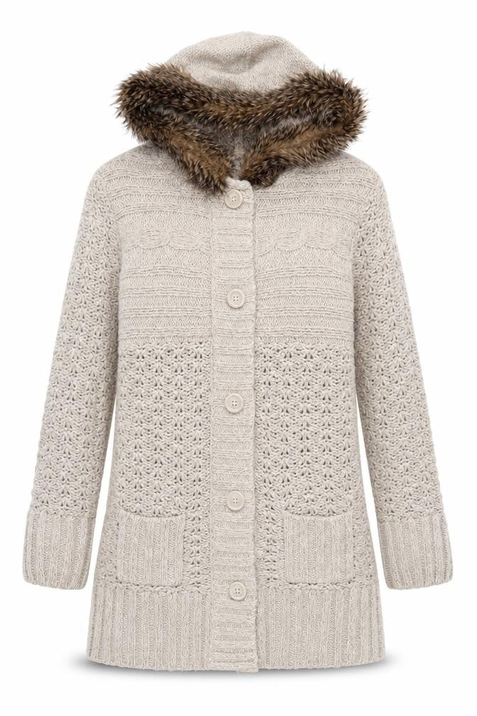 Papaya Women’s Beige Hooded Knit Cardigan Size 14 Faux Fur Trim