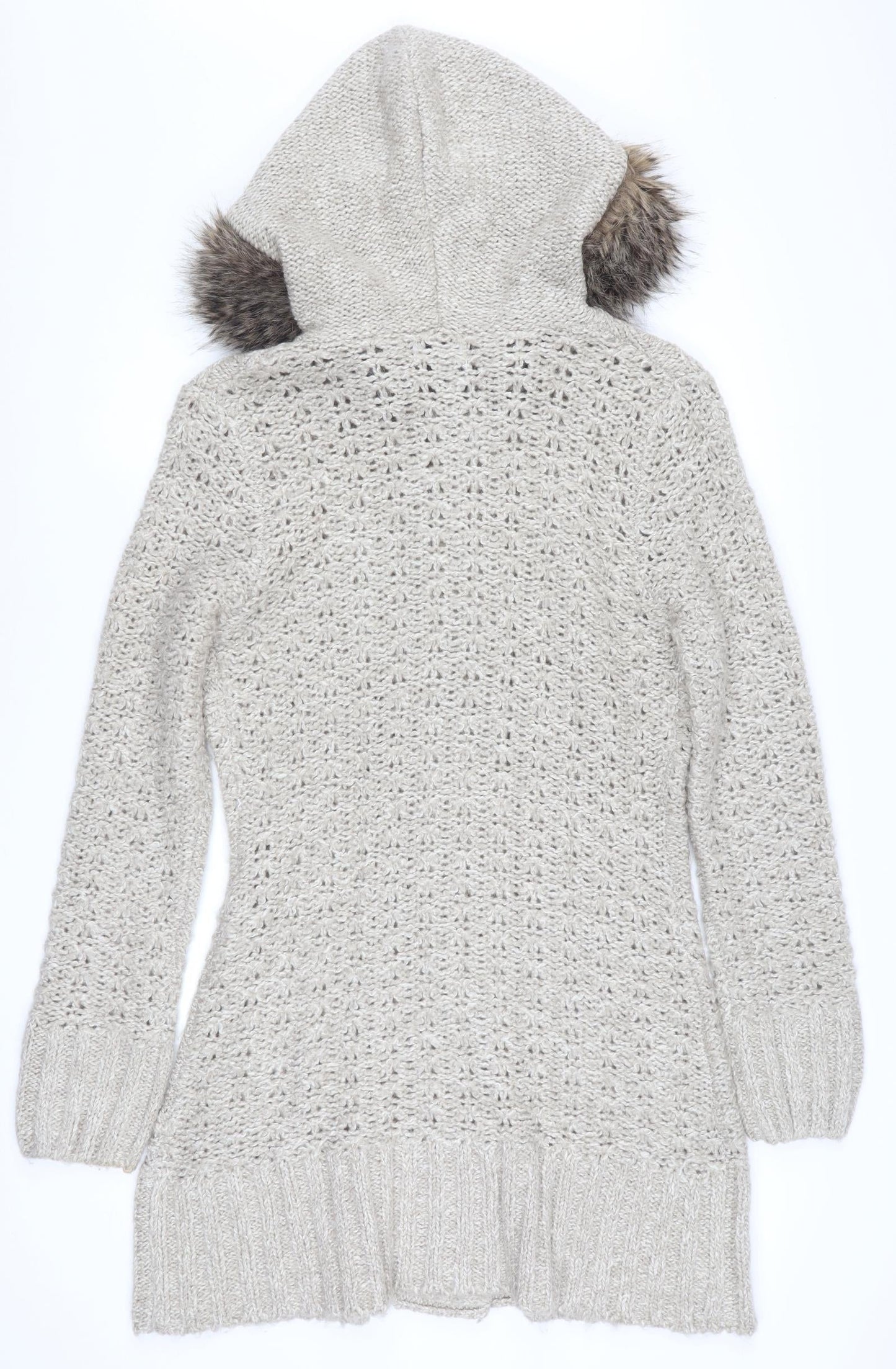 Papaya Women’s Beige Hooded Knit Cardigan Size 14 Faux Fur Trim