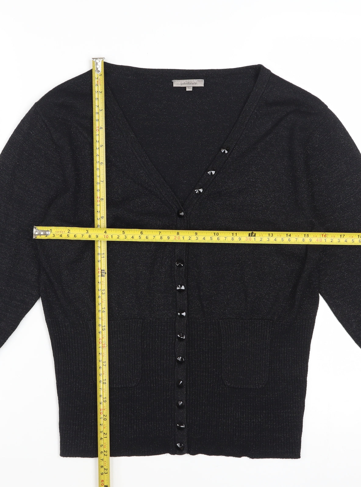 John Lewis Women Black Lurex Knit Cardigan L V-Neck Button Detail