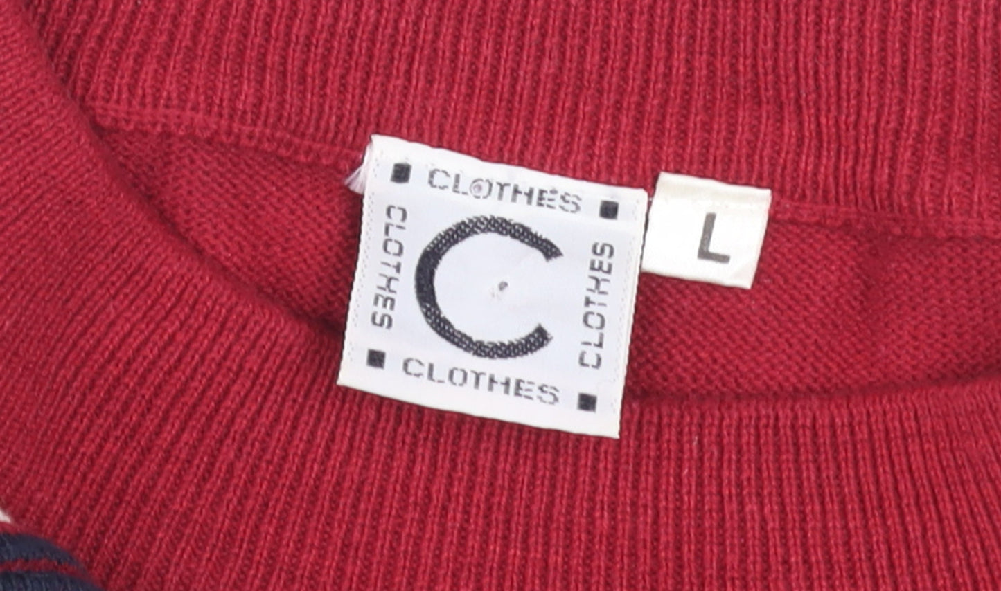 Clothes Men's Red Striped Cotton Crew Neck Pullover Jumper L