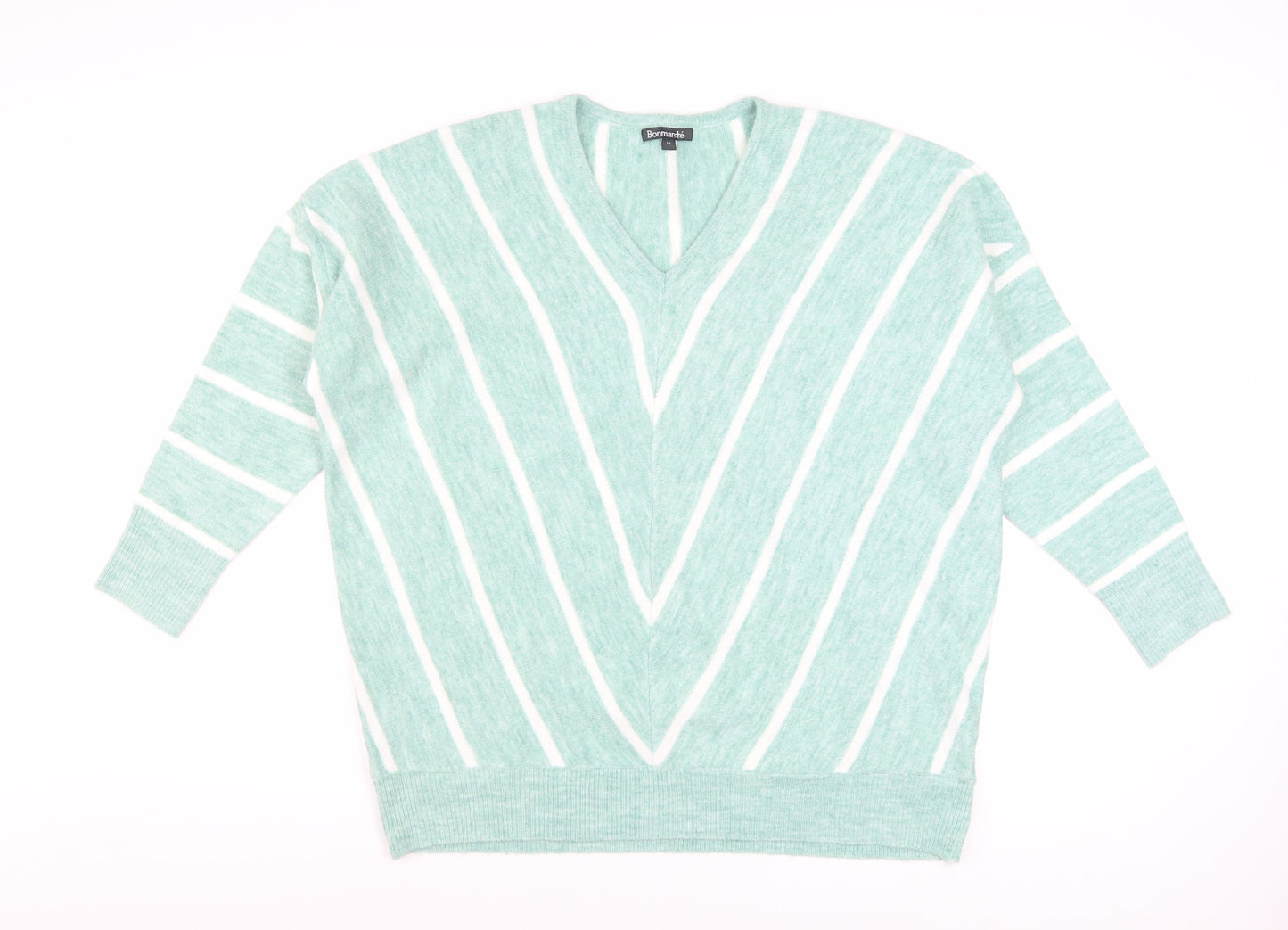 Bonmarché Women’s Green Striped V-Neck Pullover Jumper Size 14
