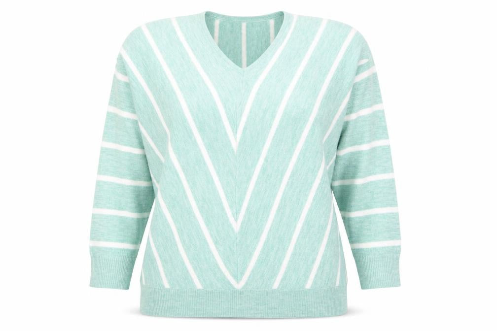 Bonmarché Women’s Green Striped V-Neck Pullover Jumper Size 14