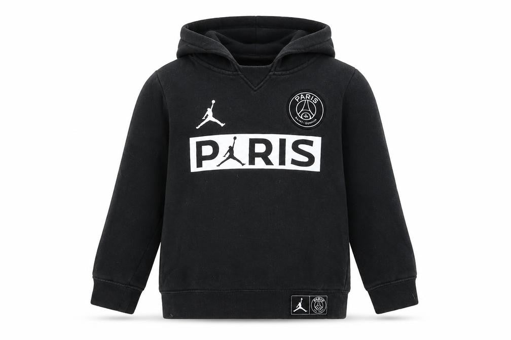 Front view of Jordan PSG boys’ black pullover hoodie 6-7 years cotton blend