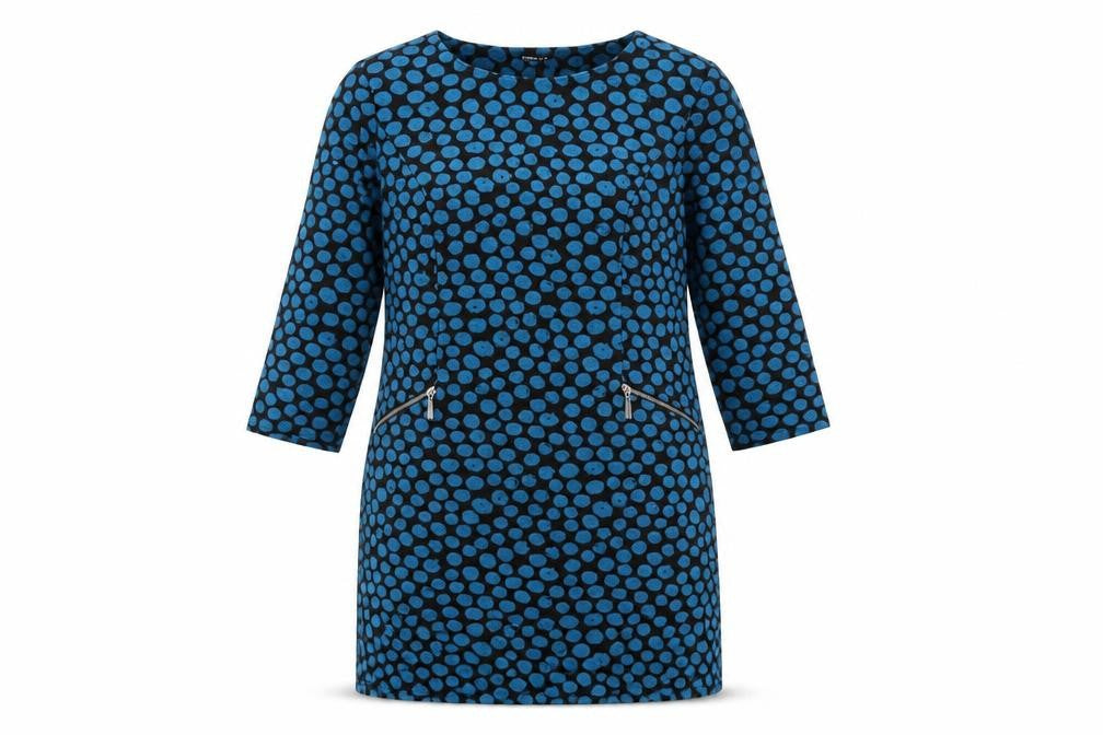 Front view of Roman Women's Blue Polka Dot Shift Dress, size 14, 3/4 Sleeve Knit