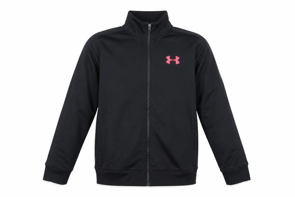 Front view of Under Armour boys’ black full zip track jacket, size 12, years polyester