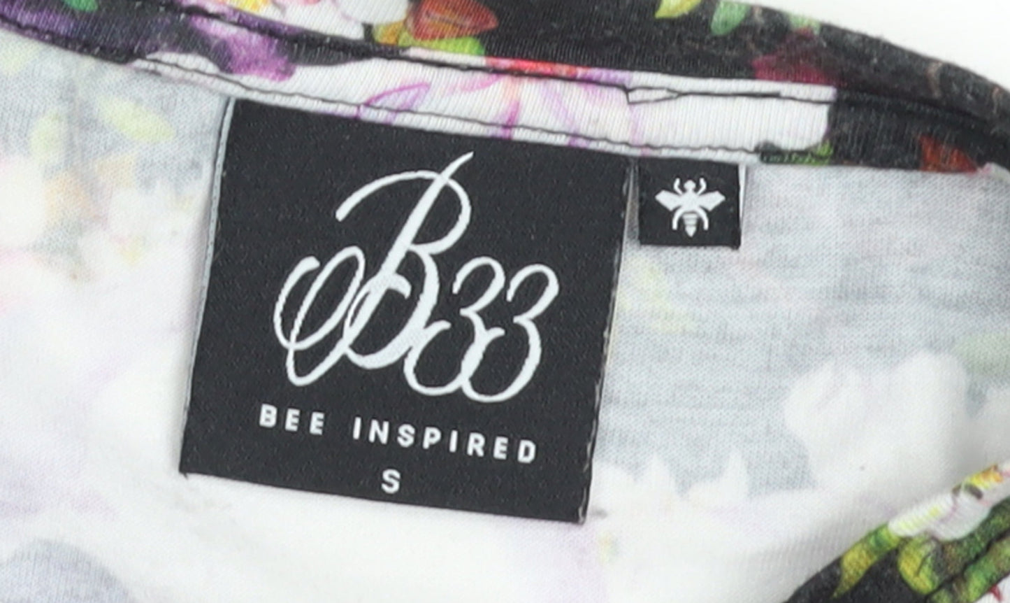 Bee Inspired Men's Black Skull Floral Graphic Short Sleeve T-Shirt Size S