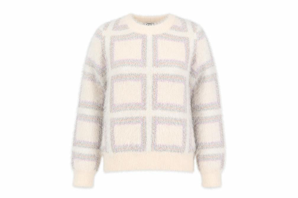 Front view of Dorothy Perkins Women Ivory Check Fuzzy Knit Jumper, size 10