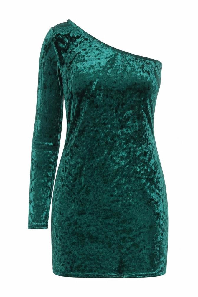Front view of Missguided Women's Green Velvet One Shoulder Bodycon Dress, size 10