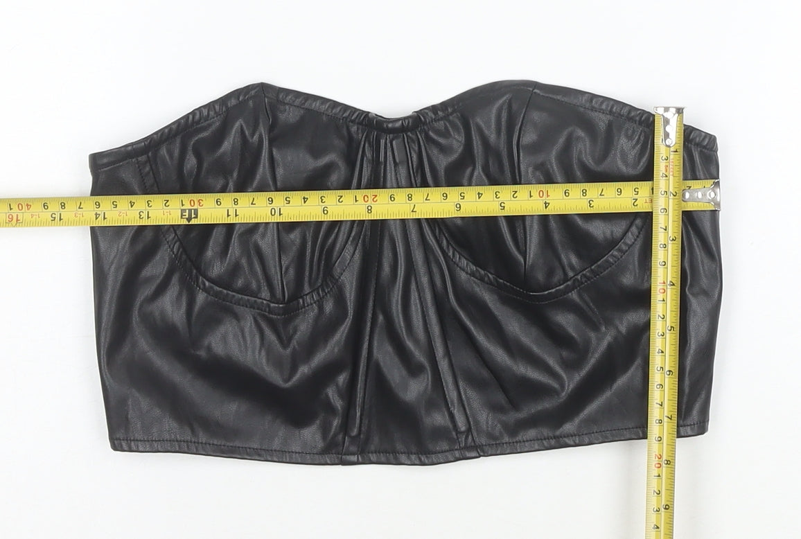 PrettyLittleThing Women Black Faux Leather Cropped Strapless Top Size 10