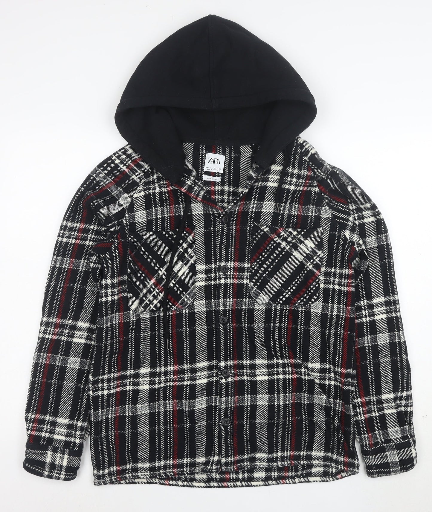 Zara Women’s Black Checked Hooded Flannel Relaxed Fit Jacket Size S