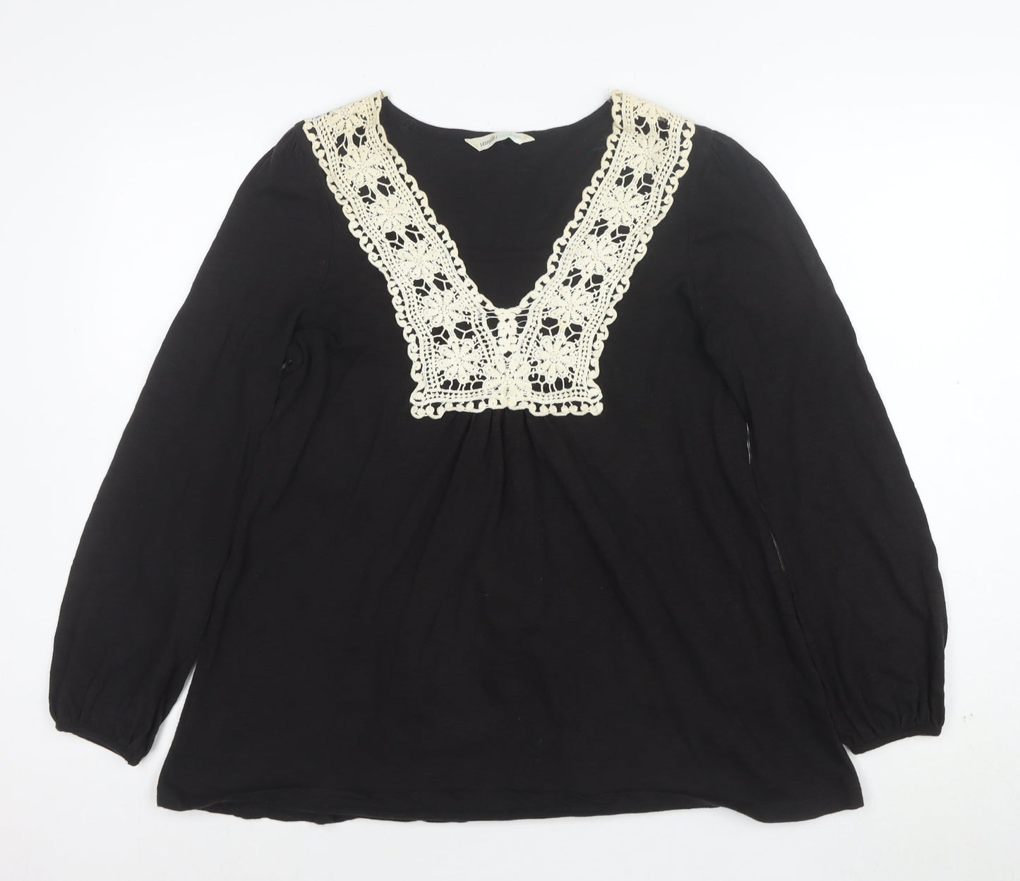BHS Womens Black Crochet V-Neck Long Sleeve Cotton Tunic Blouse Size 16