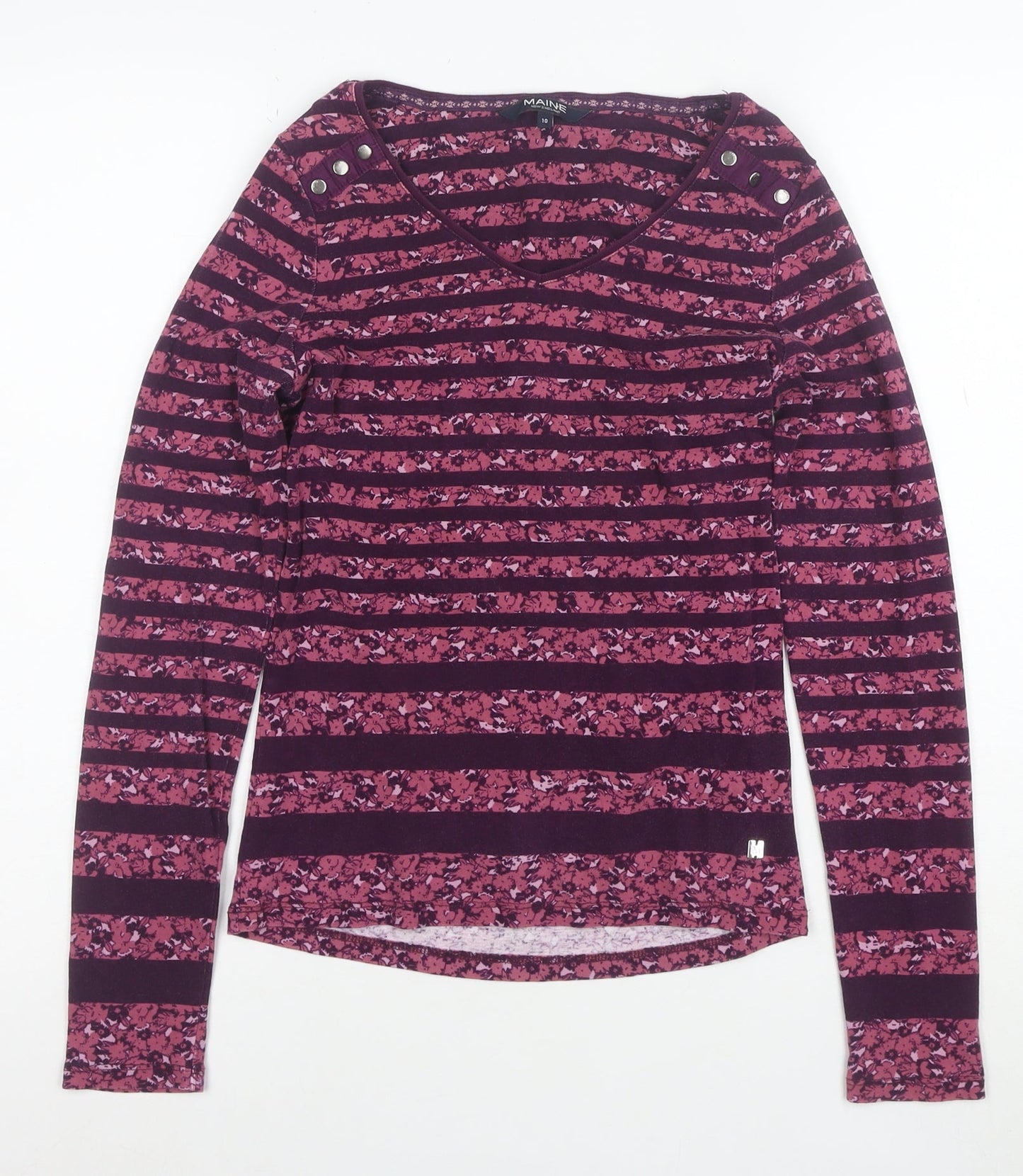 Maine New England Women's Purple Striped Cotton Long Sleeve V-Neck Top Size 10