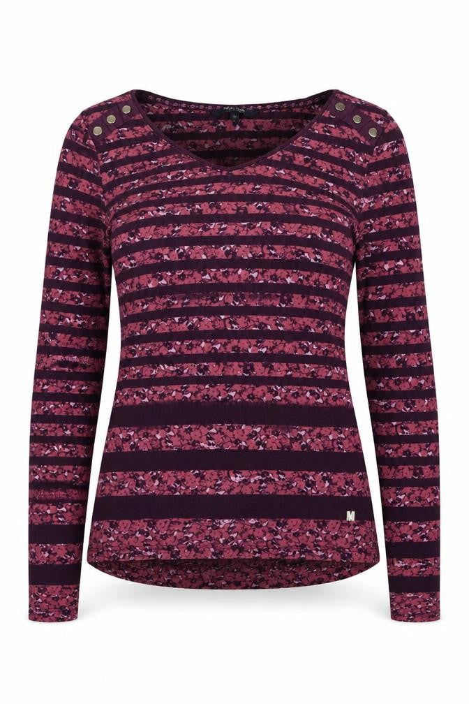 Front view of Maine New England Women's Purple Striped Cotton Long Sleeve V-Neck Top, size 10