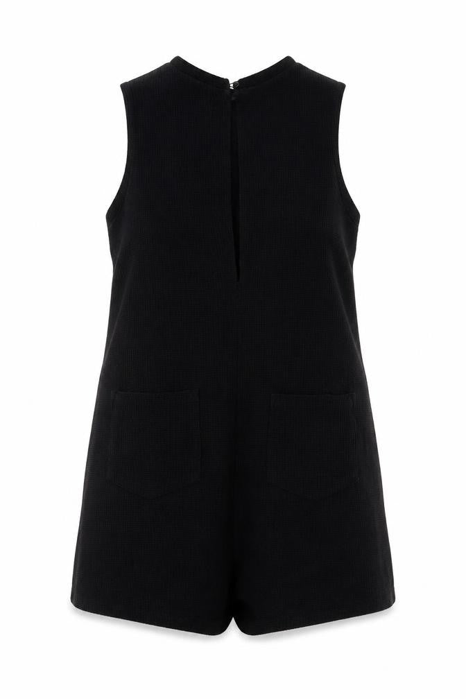 Front view of ASOS Women’s Black Sleeveless Knit Playsuit, size UK 14