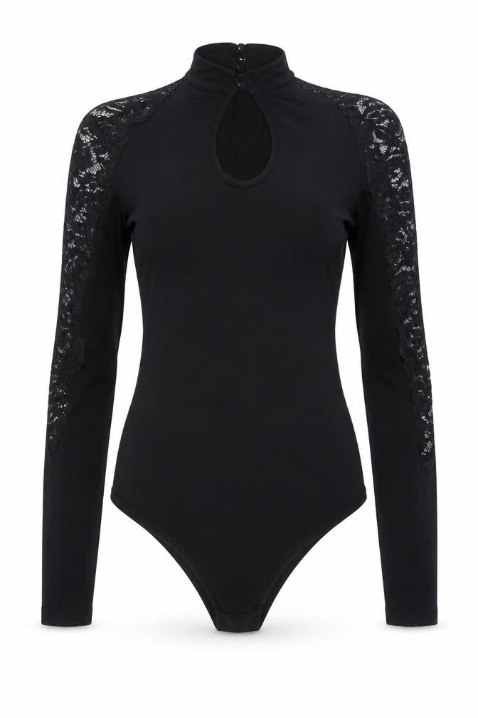 Front view of Fashion Union women’s black lace long sleeve high neck bodysuit, size UK 6