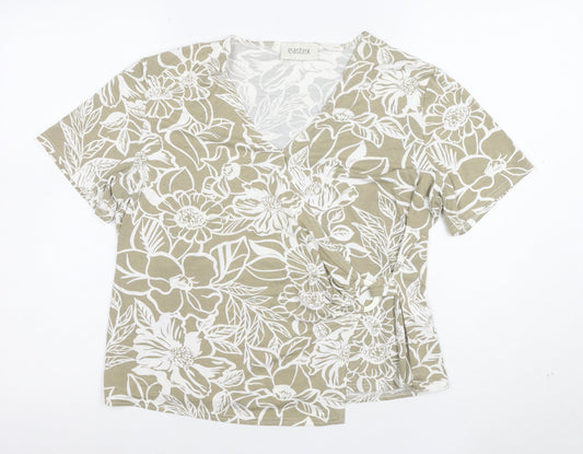 Eastex Women Beige Floral V-Neck Short Sleeve Stretch T-Shirt XL