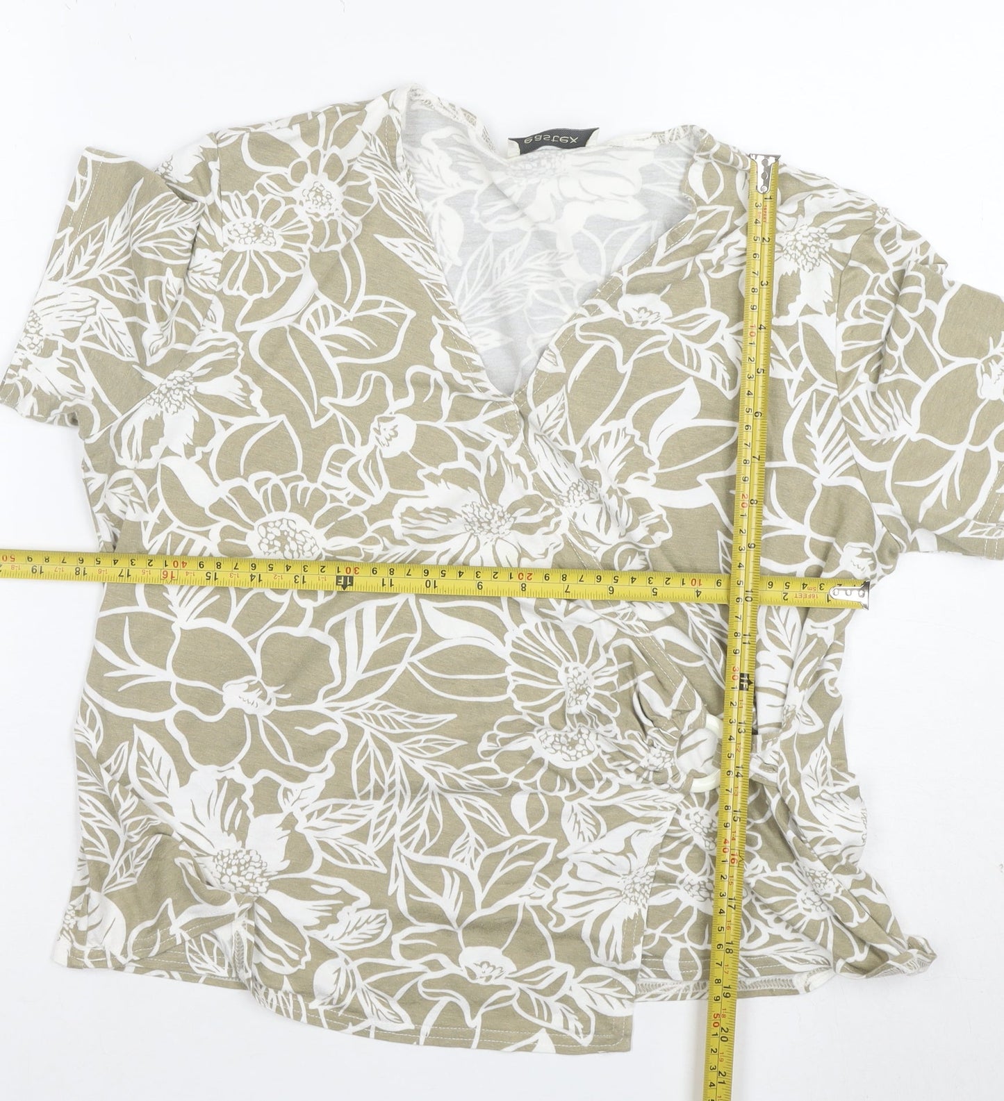 Eastex Women Beige Floral V-Neck Short Sleeve Stretch T-Shirt XL