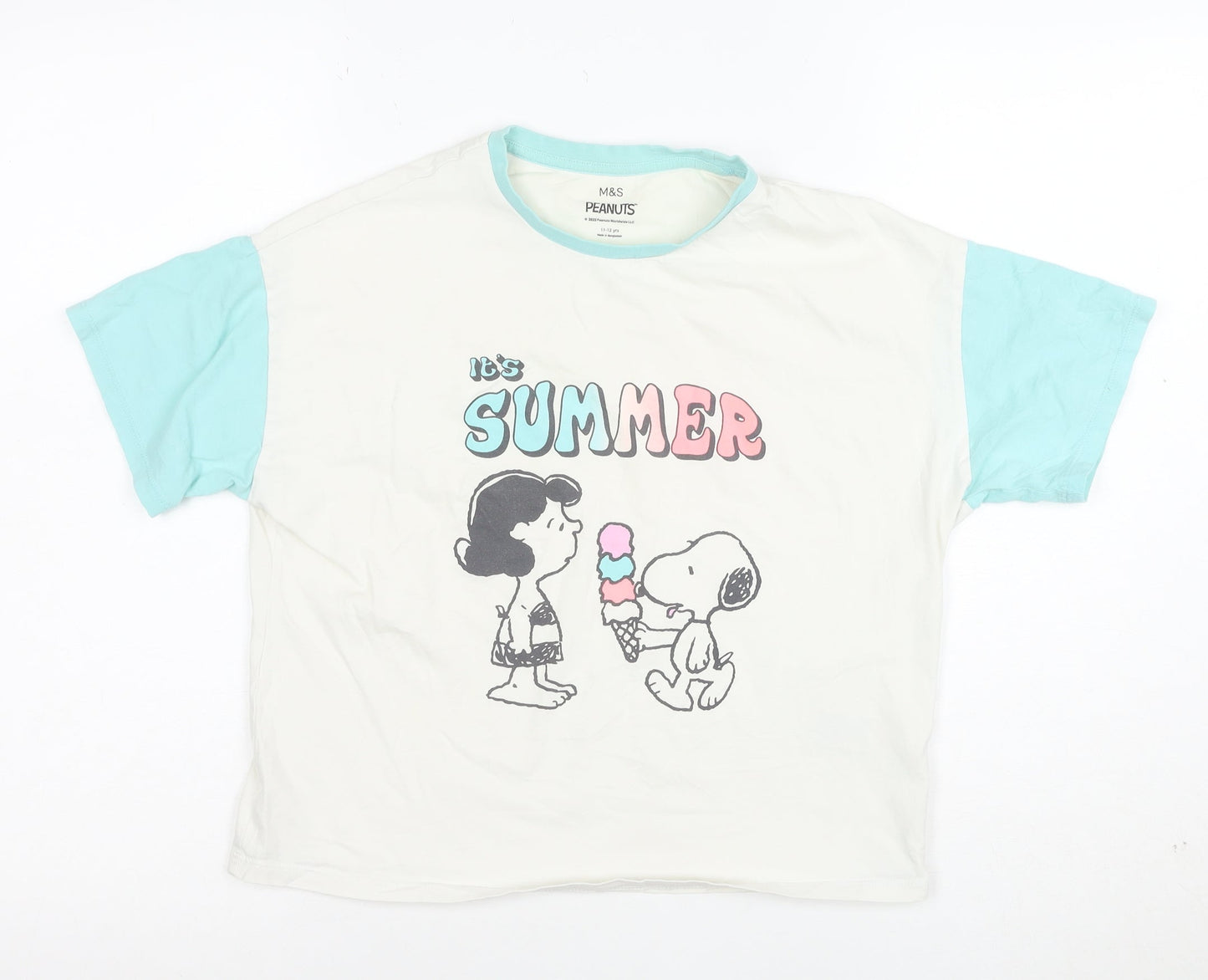 Marks and Spencer Peanuts Girls White Blue 11-12 Years Graphic T-Shirt